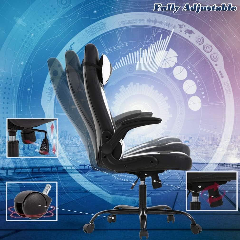 PC Gaming Chair White With Lumbar Support And Flip Up Arms
