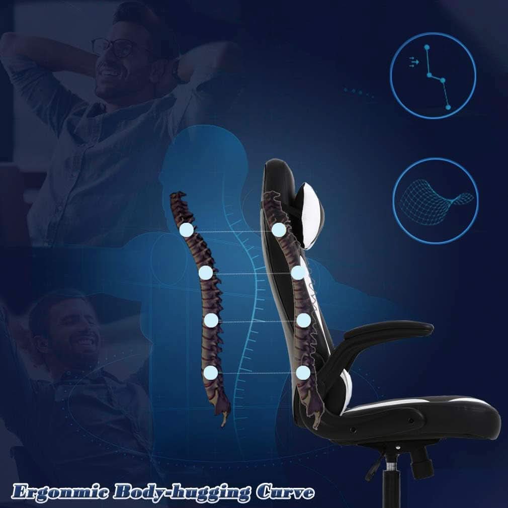 PC Gaming Chair White With Lumbar Support And Flip Up Arms