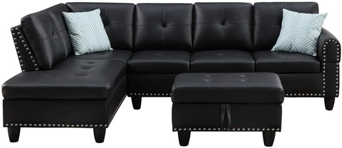 PU Faux Leather Sectional Sofa With Lift Top Storage Black