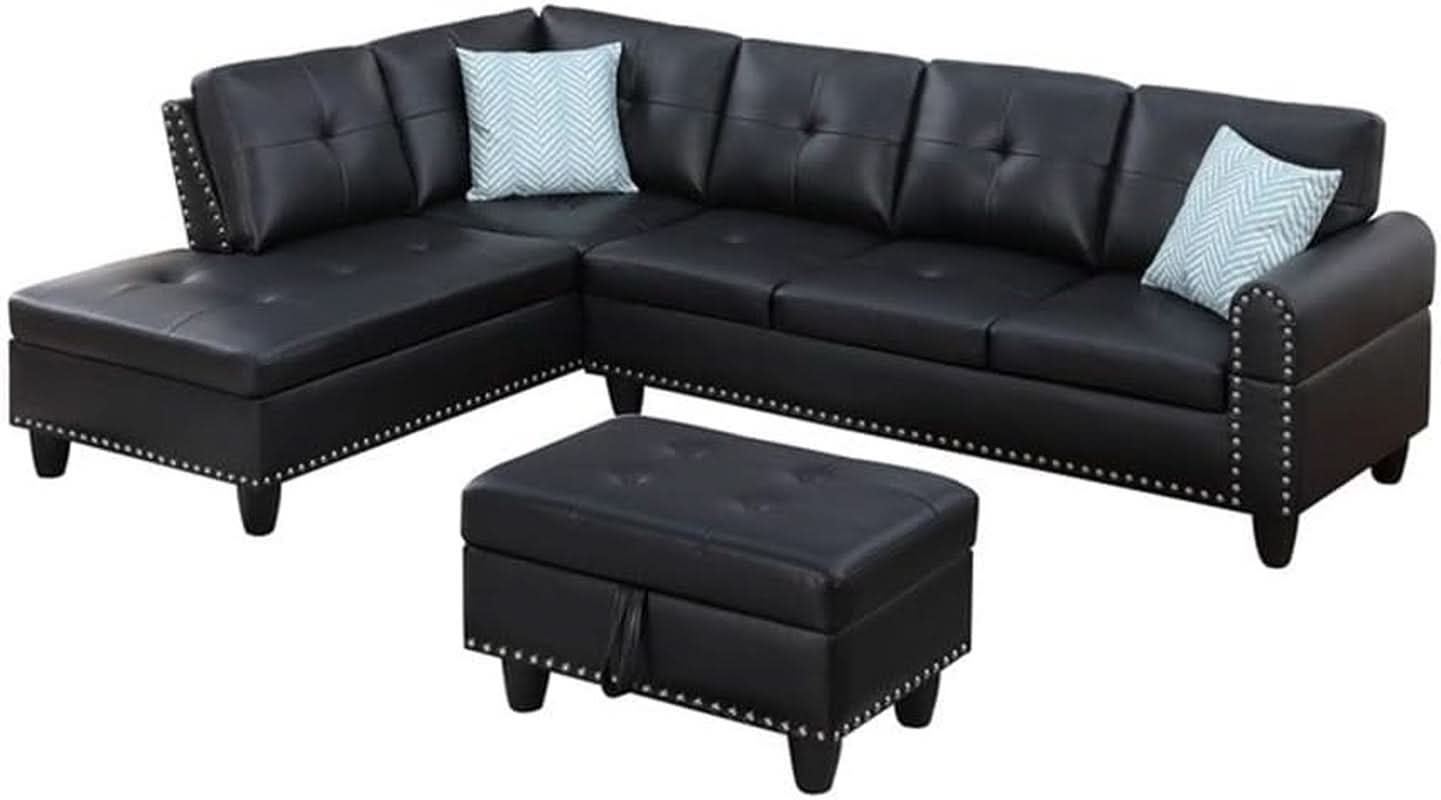 PU Faux Leather Sectional Sofa With Lift Top Storage Black