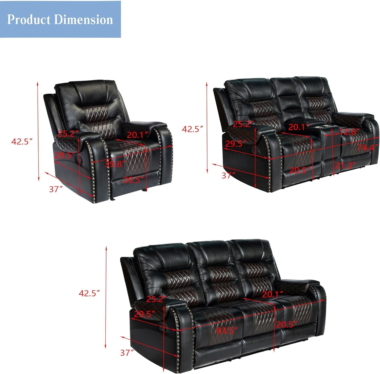 PU Leather 3 Piece Sofa Set With Cup Holders Manual Recliner Black