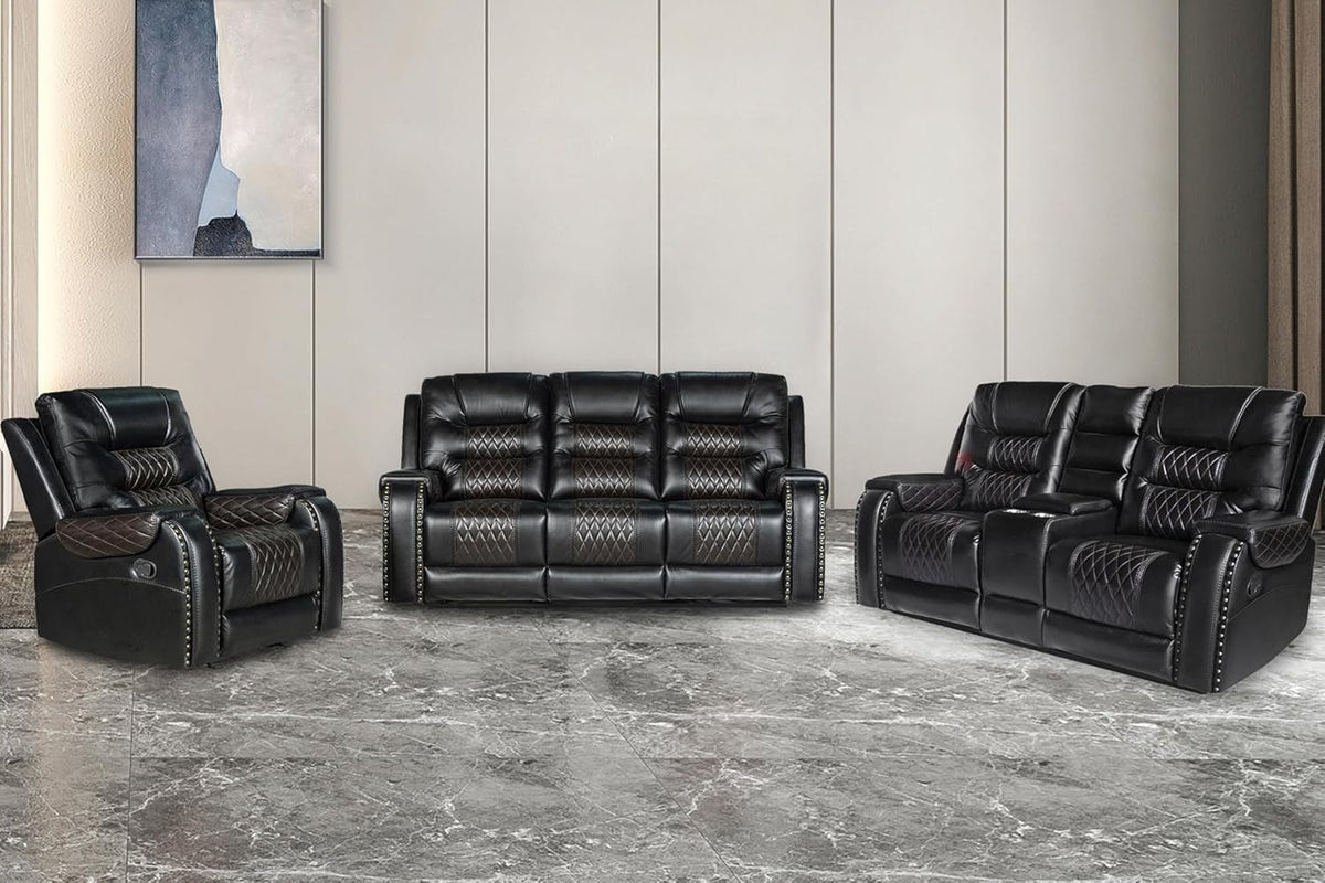 PU Leather 3 Piece Sofa Set With Cup Holders Manual Recliner Black