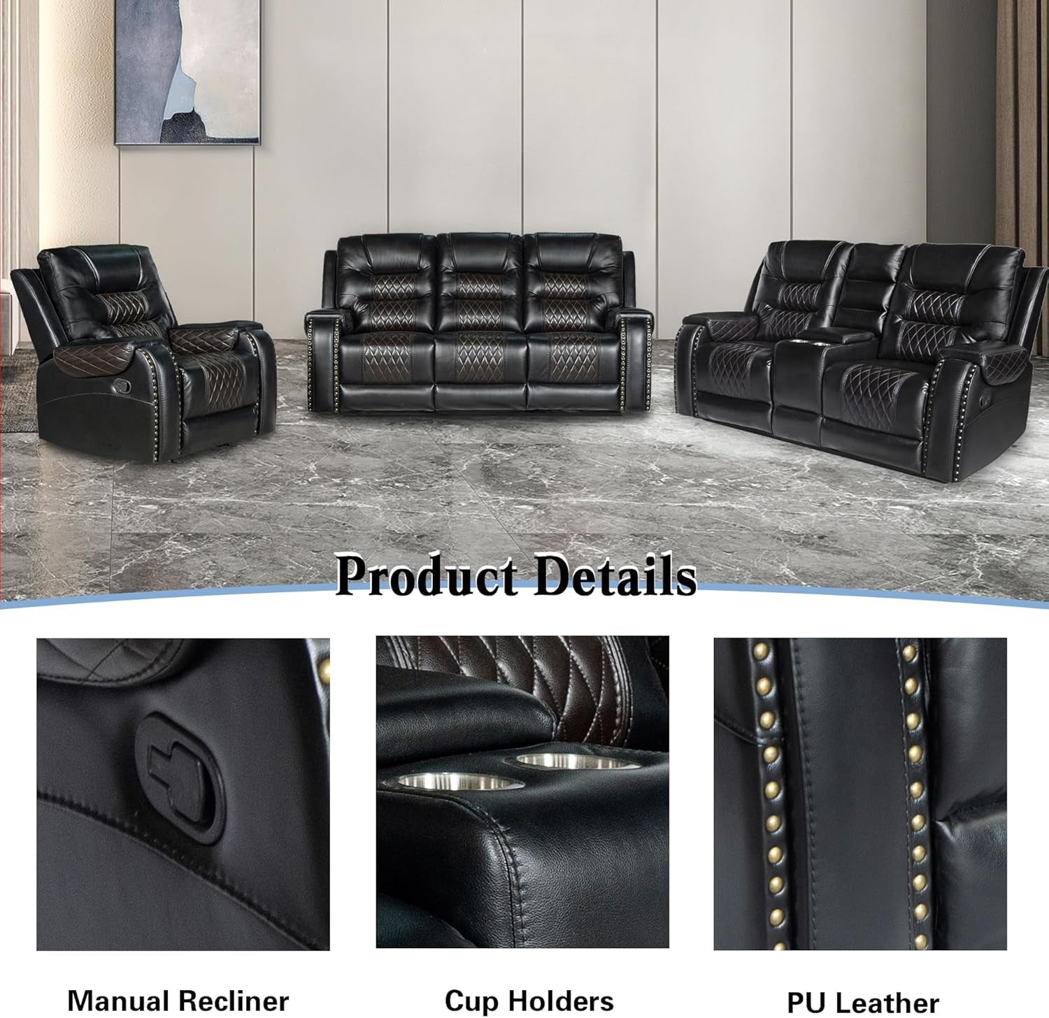 PU Leather 3 Piece Sofa Set With Cup Holders Manual Recliner Black