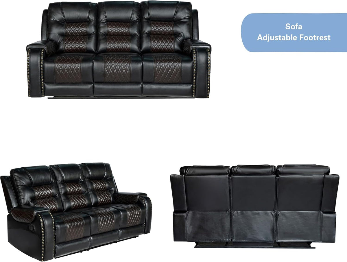 PU Leather 3 Piece Sofa Set With Cup Holders Manual Recliner Black