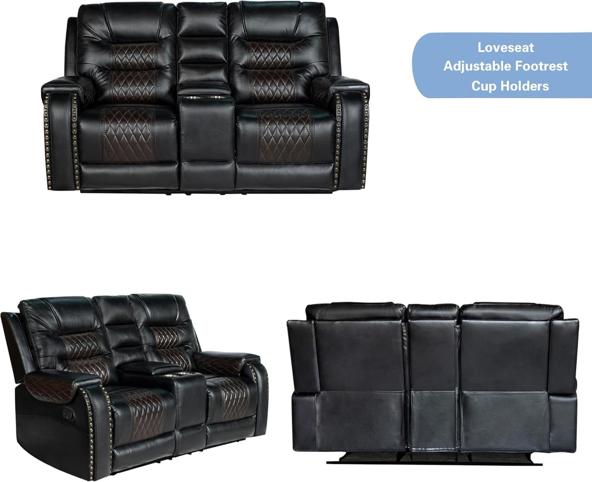 PU Leather 3 Piece Sofa Set With Cup Holders Manual Recliner Black