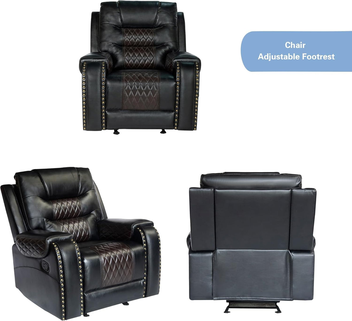 PU Leather 3 Piece Sofa Set With Cup Holders Manual Recliner Black