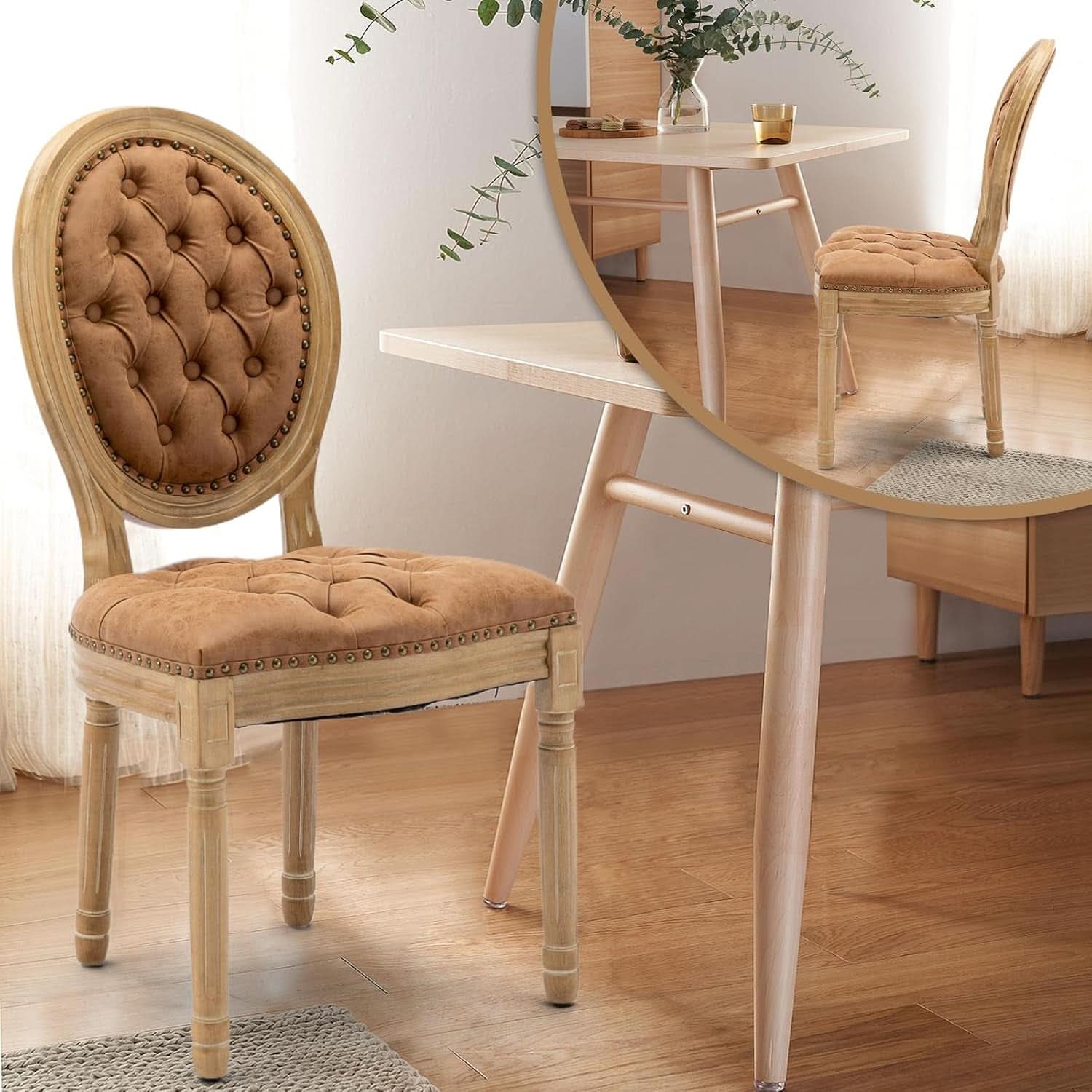 PU Leather Dining Chairs Set of 6 Orange Round Back with Nailhead Trim