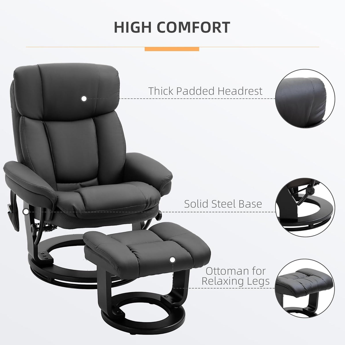 PU Leather Massage Recliner Chair With Ottoman Black Swivel