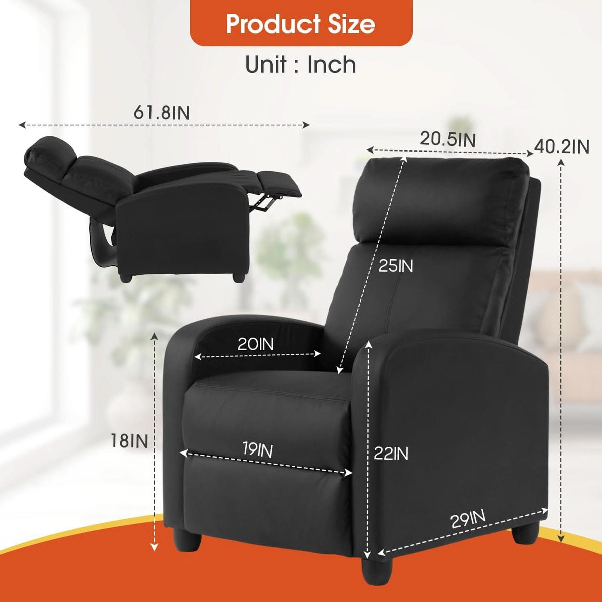 PU Leather Recliner Chair Black With Lumbar Support