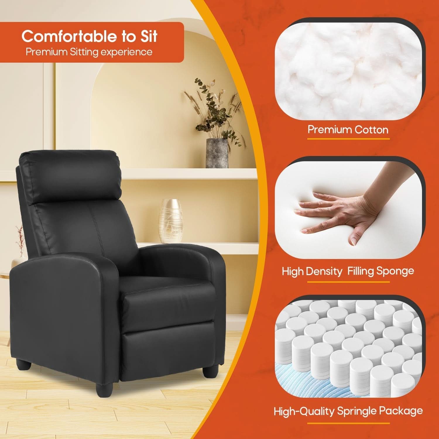 PU Leather Recliner Chair Black With Lumbar Support