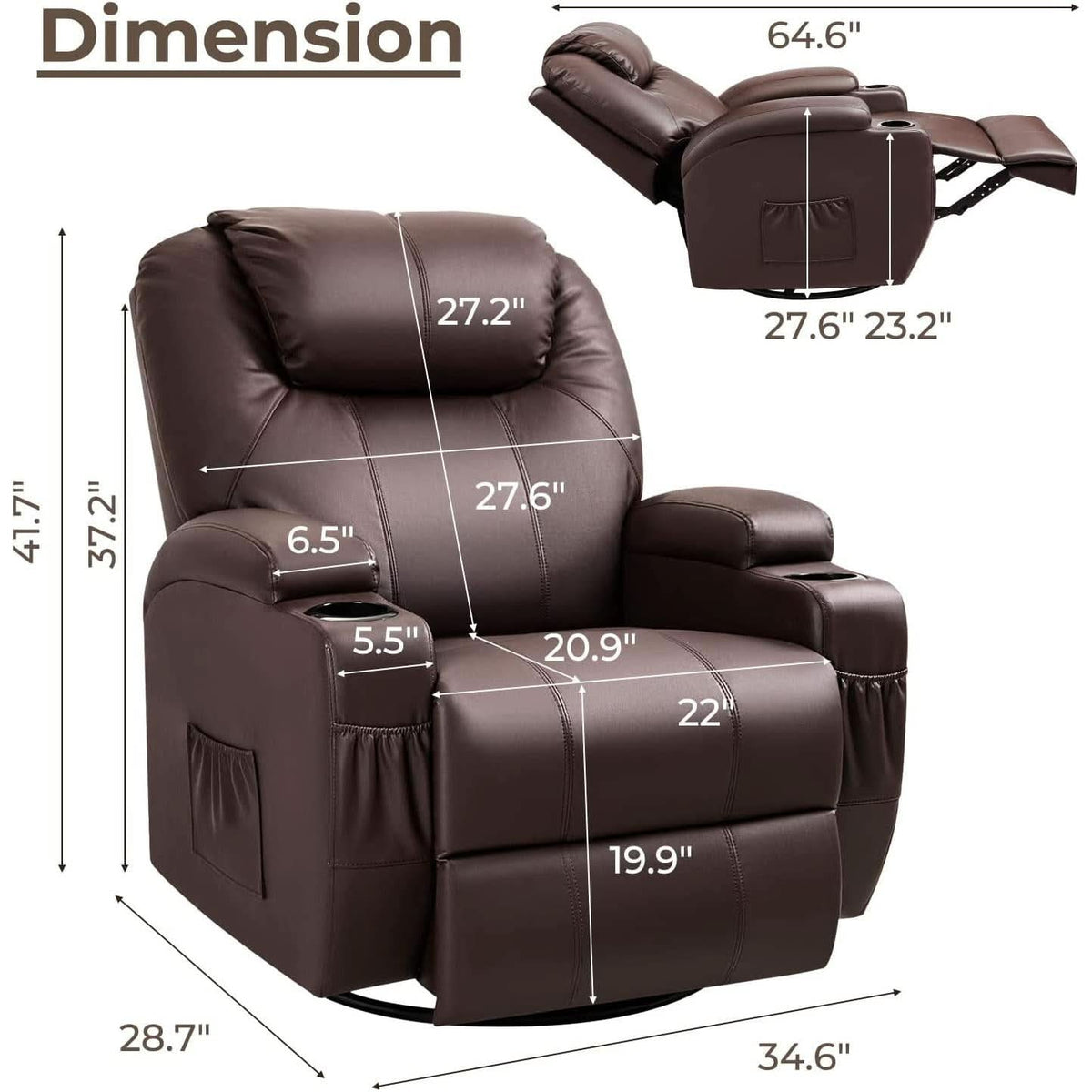 PU Leather Recliner Chair With Massage And Heat Brown