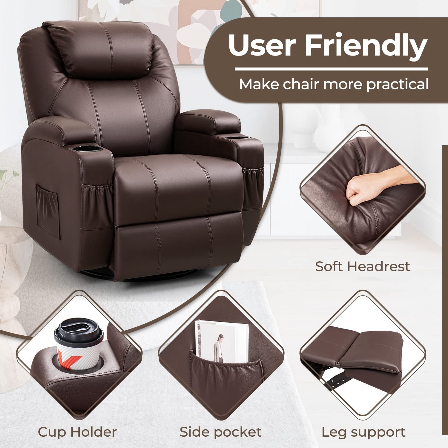 PU Leather Recliner Chair With Massage And Heat Brown