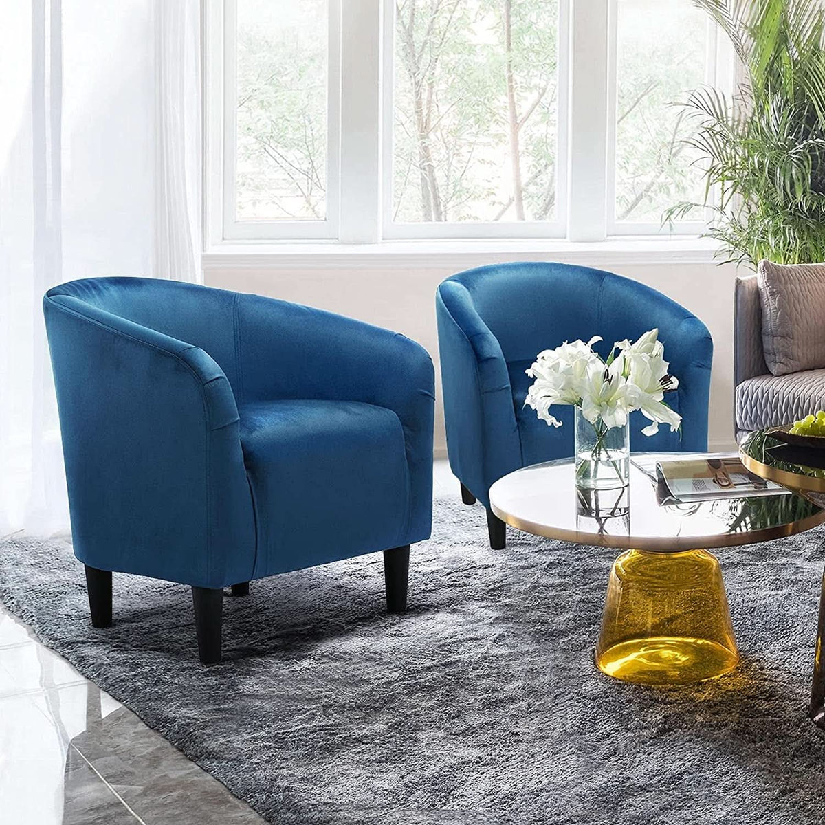 Pagoda Blue Velvet Club Chair With Curved Armrests