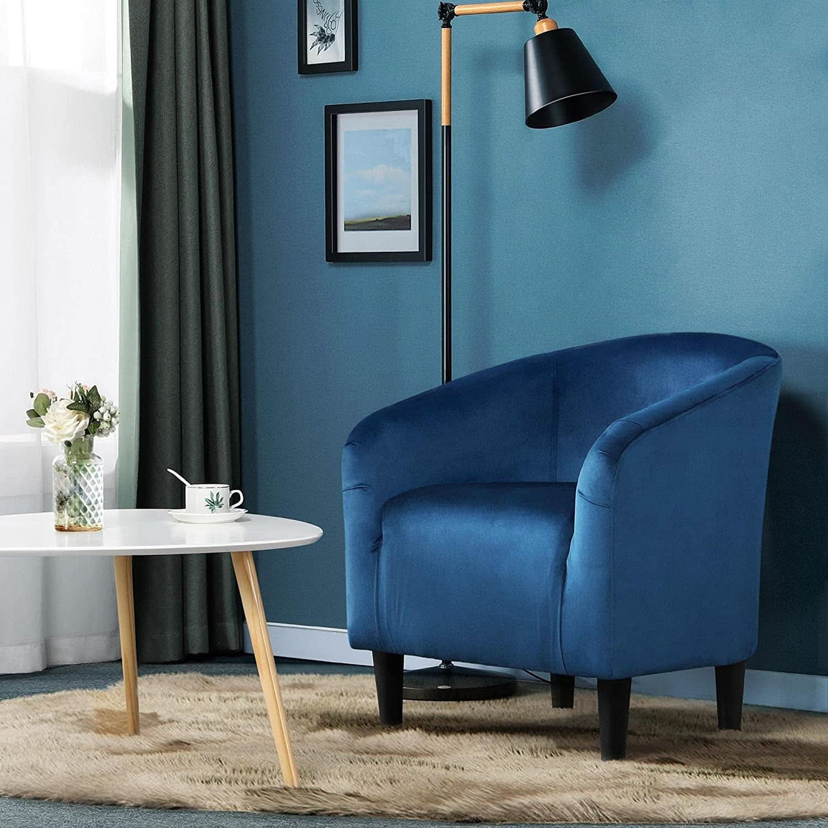 Pagoda Blue Velvet Club Chair With Curved Armrests