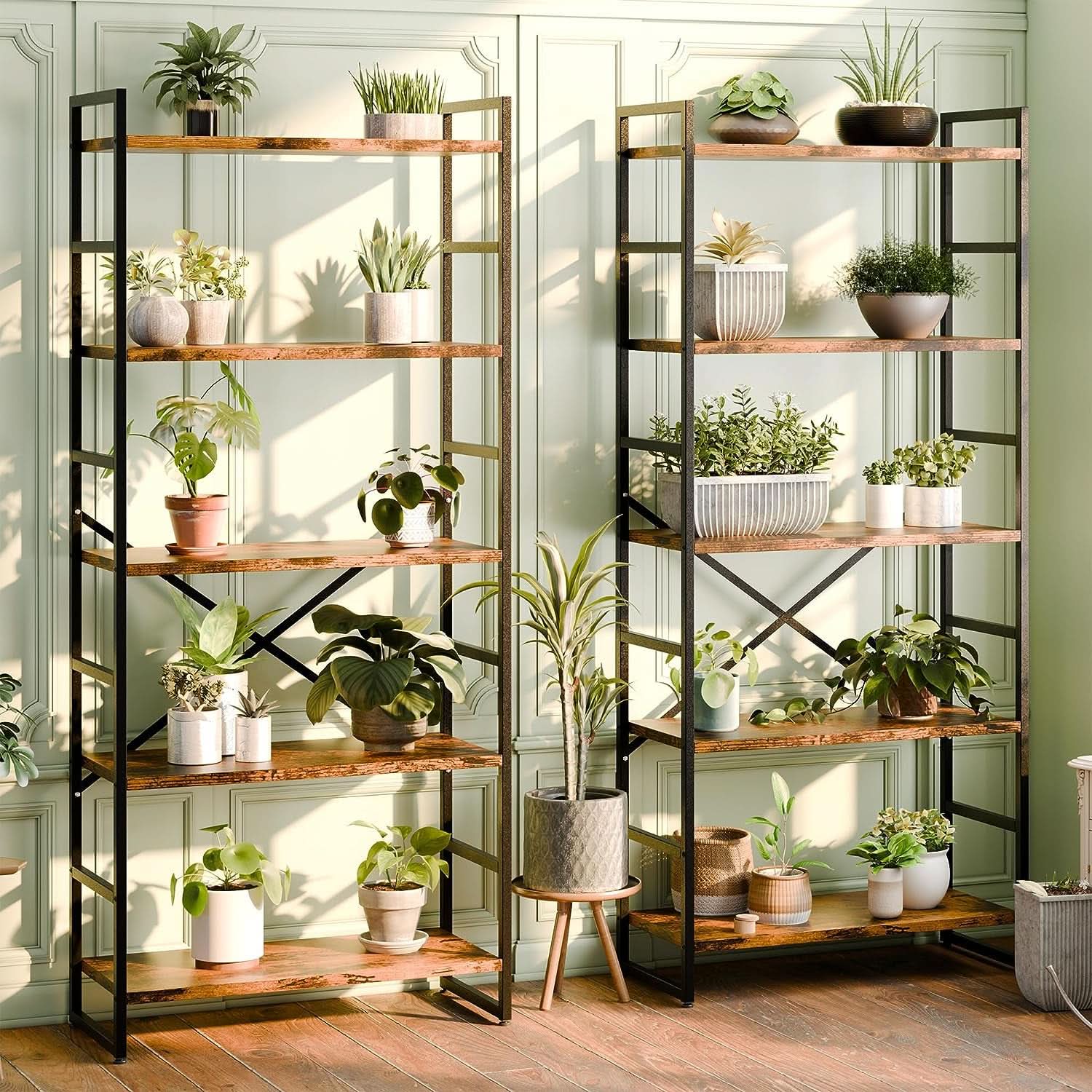 Pair Of 5 Shelf Bookcases Rustic Brown Industrial Tall