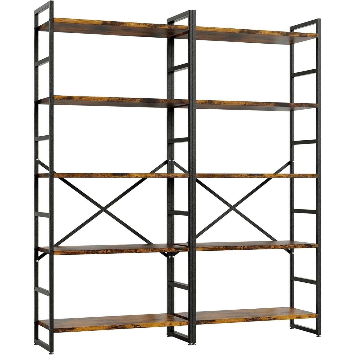 Pair Of 5 Shelf Bookcases Rustic Brown Industrial Tall