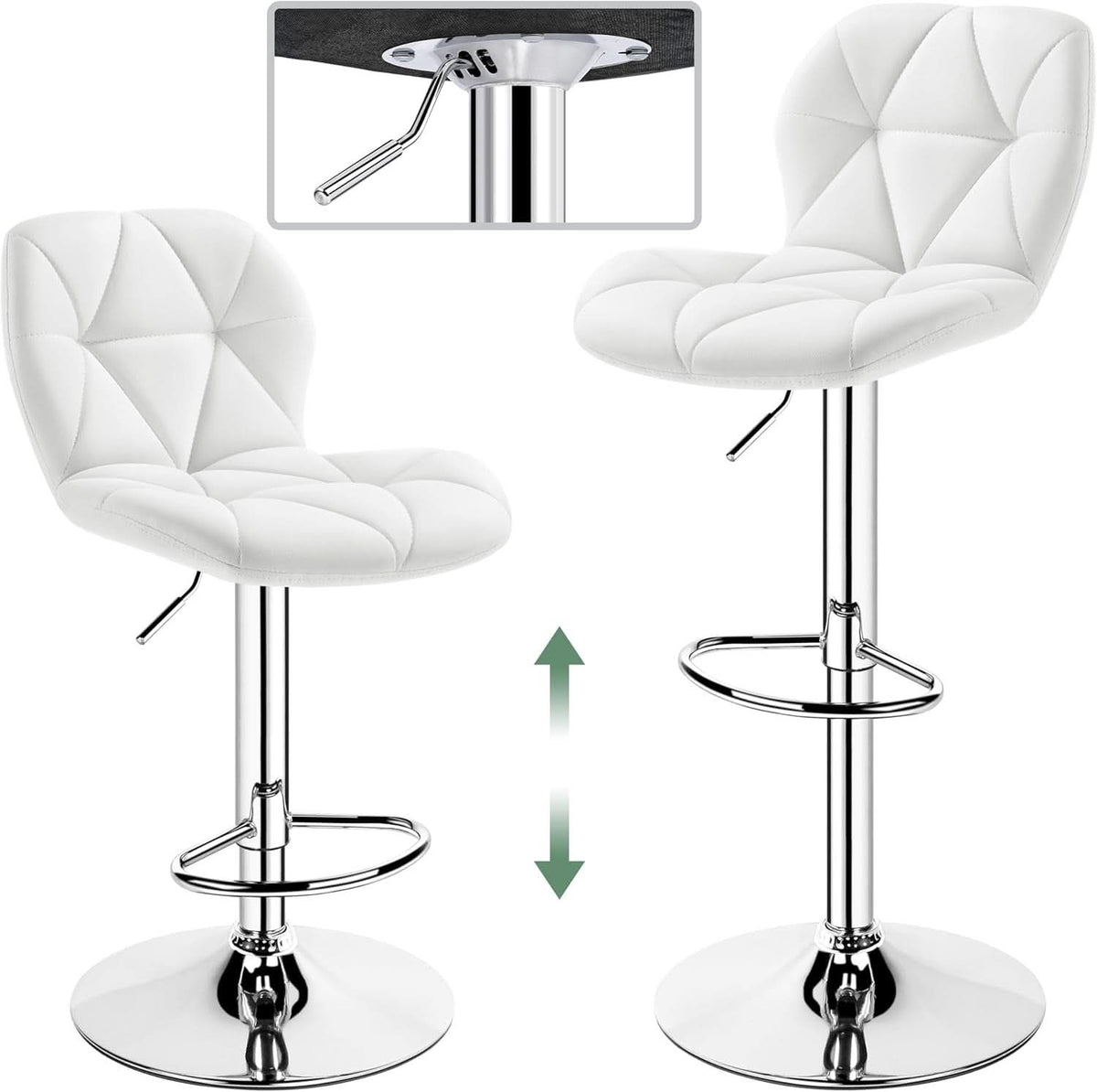 Pair Of White PU Leather Height Adjustable Bar Stools
