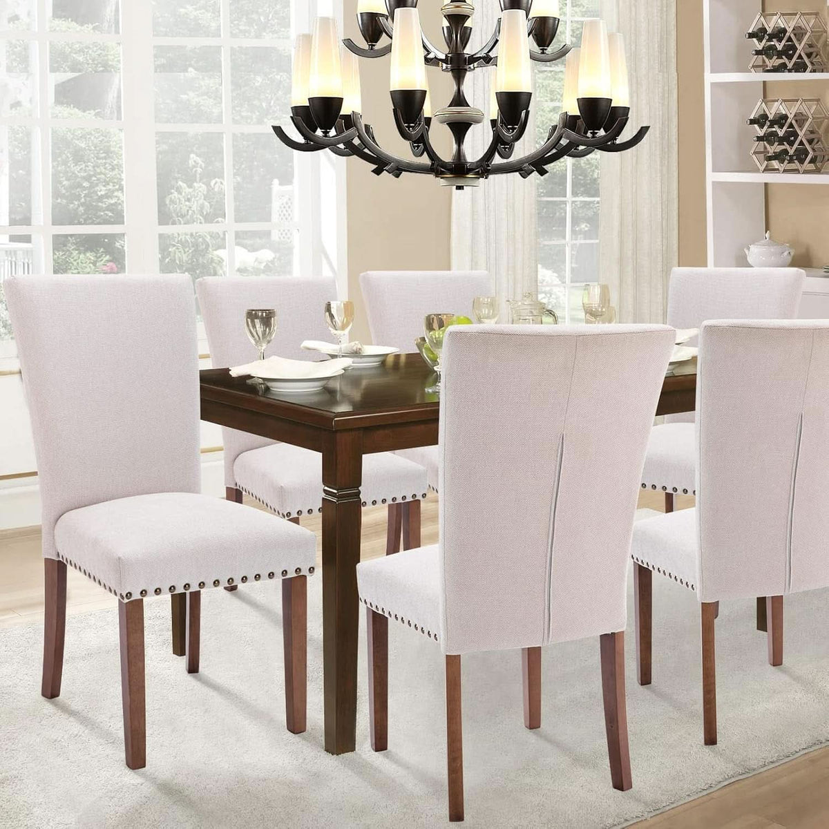 Parsons Dining Chairs Beige Upholstered Nailhead Set of 4