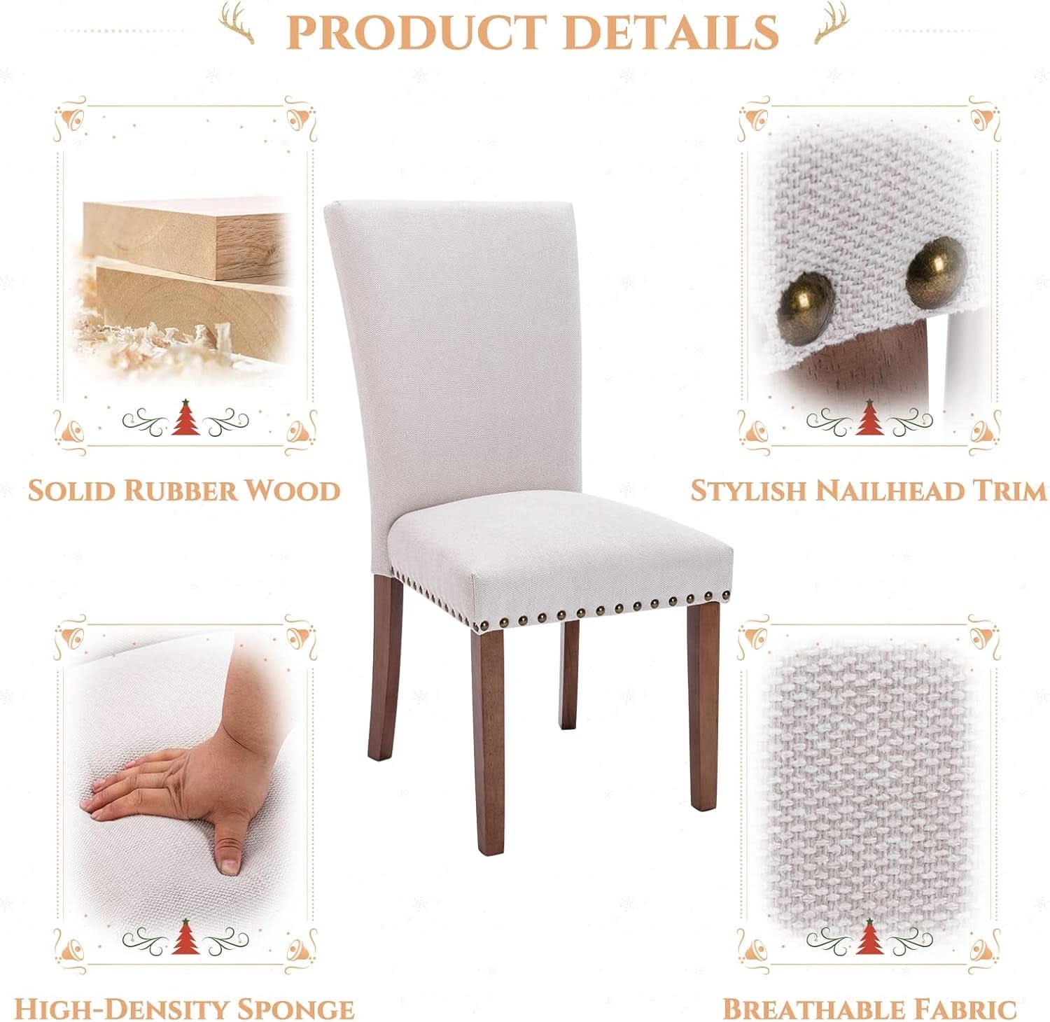 Parsons Dining Chairs Beige Upholstered Nailhead Set of 4