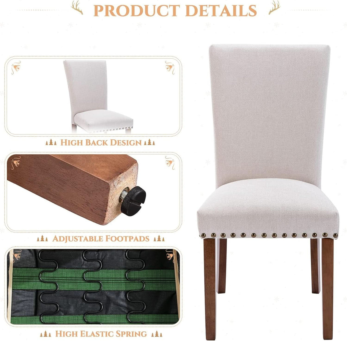 Parsons Dining Chairs Beige Upholstered Nailhead Set of 4