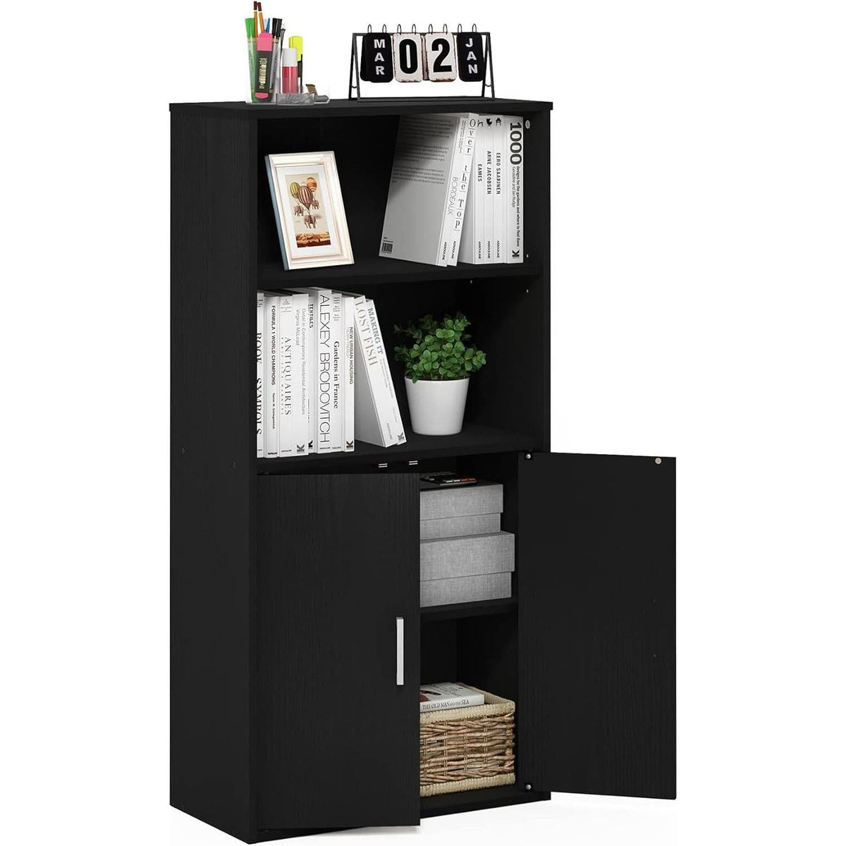 Pasir 4 Tier Storage Bookcase Black Oak Adjustable Shelves