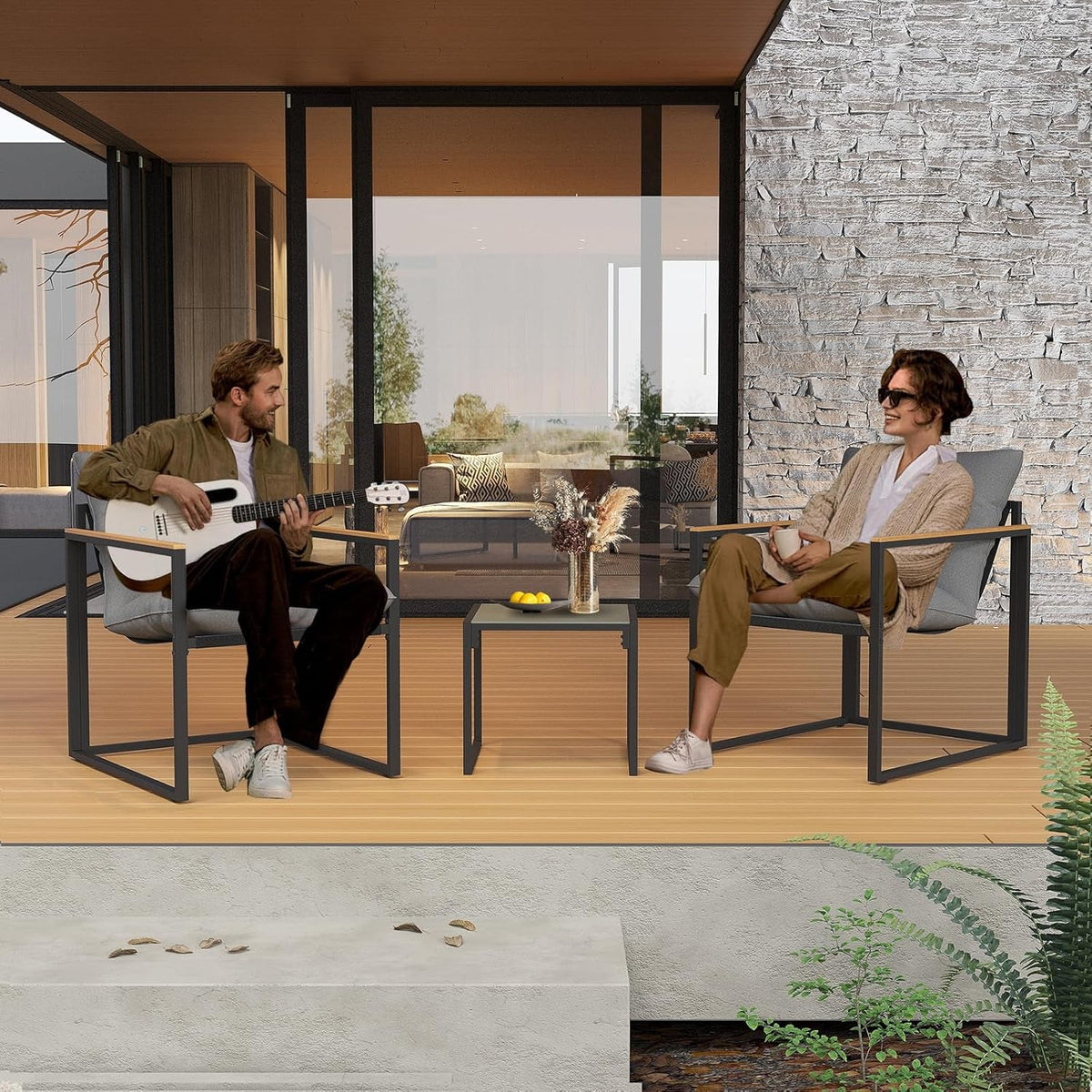 Patio 3 Piece Bistro Set With Cushions And Backrest