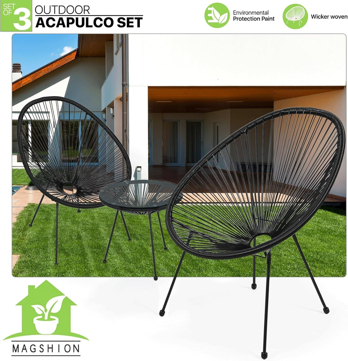 Patio Acapulco Chair Set 3 Piece With Glass Top Table Black