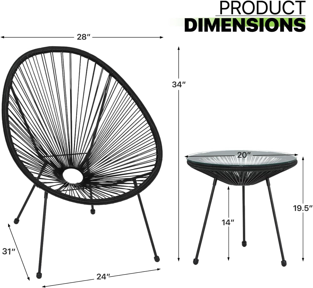 Patio Acapulco Chair Set 3 Piece With Glass Top Table Black