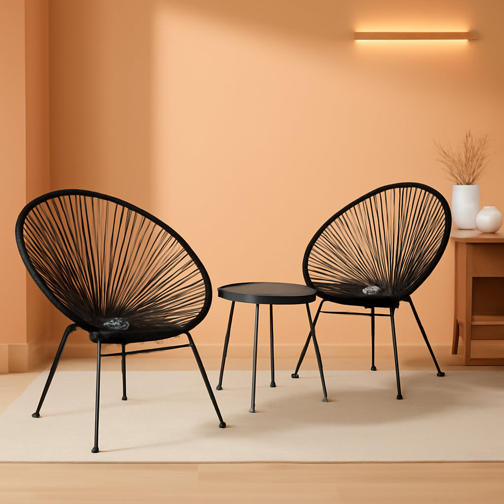 Patio Acapulco Chair Set 3 Piece With Glass Top Table Black