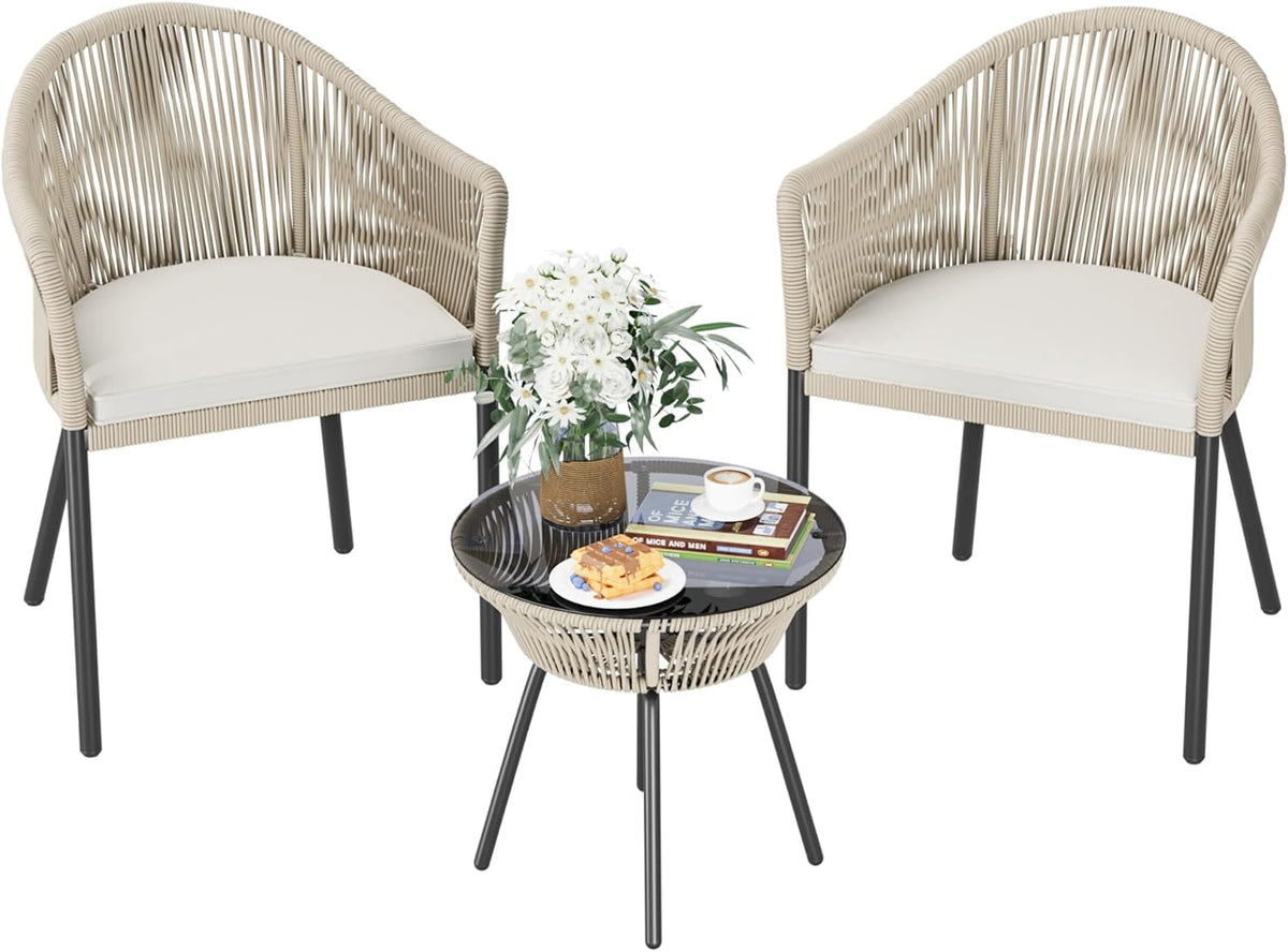 Patio Bistro Set 3 Piece Rope Woven With Glass Table