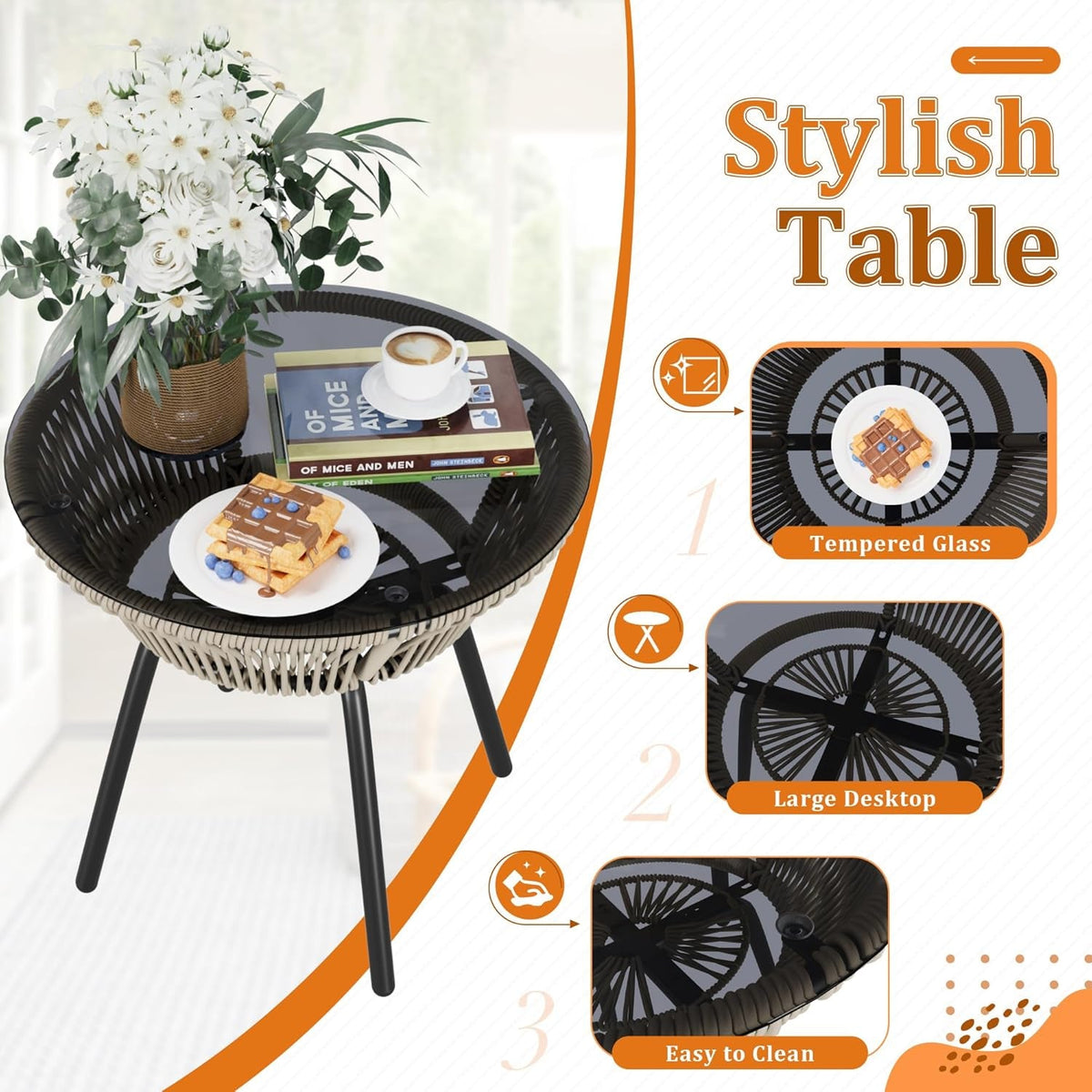 Patio Bistro Set 3 Piece Rope Woven With Glass Table