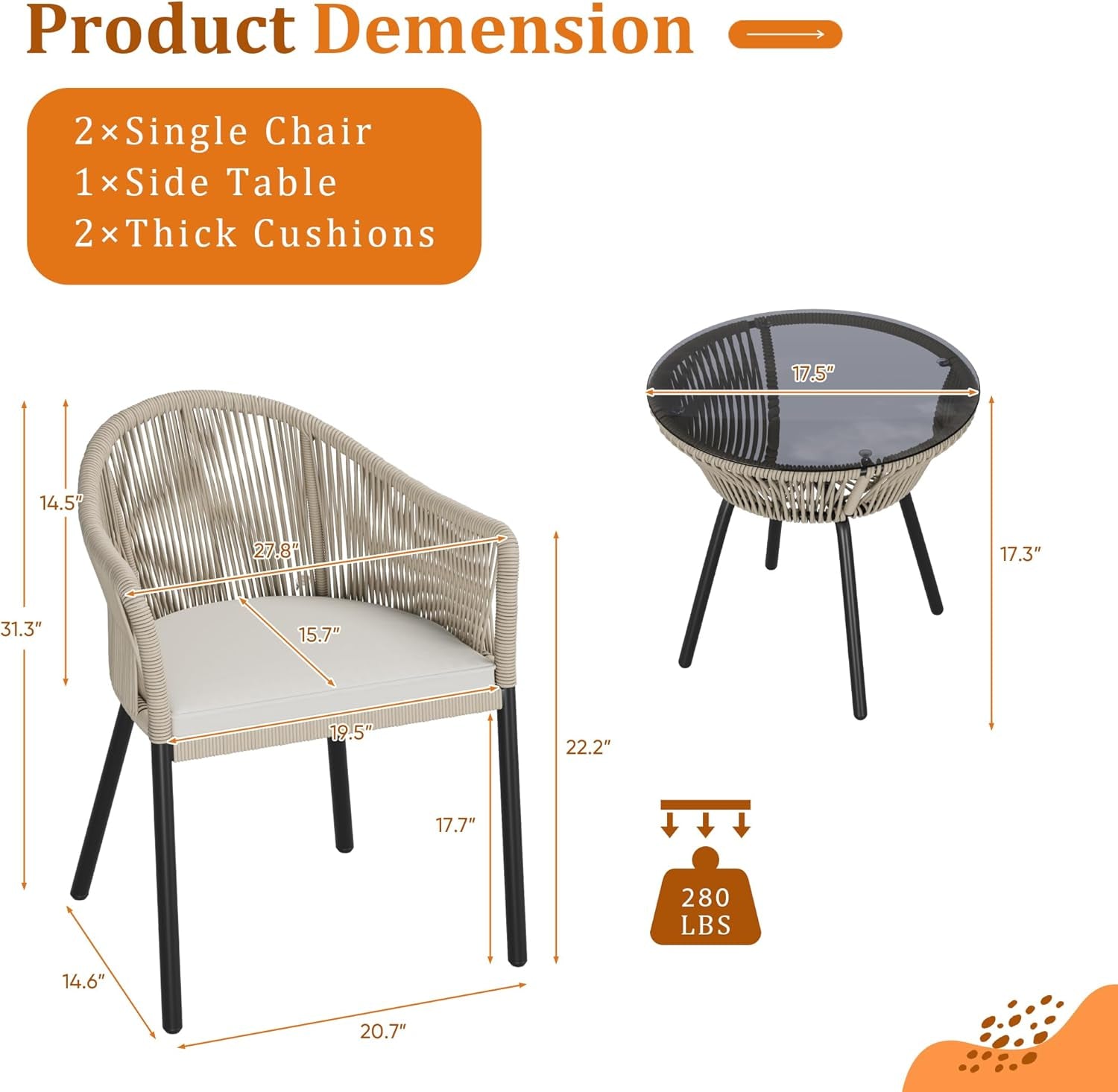 Patio Bistro Set 3 Piece Rope Woven With Glass Table