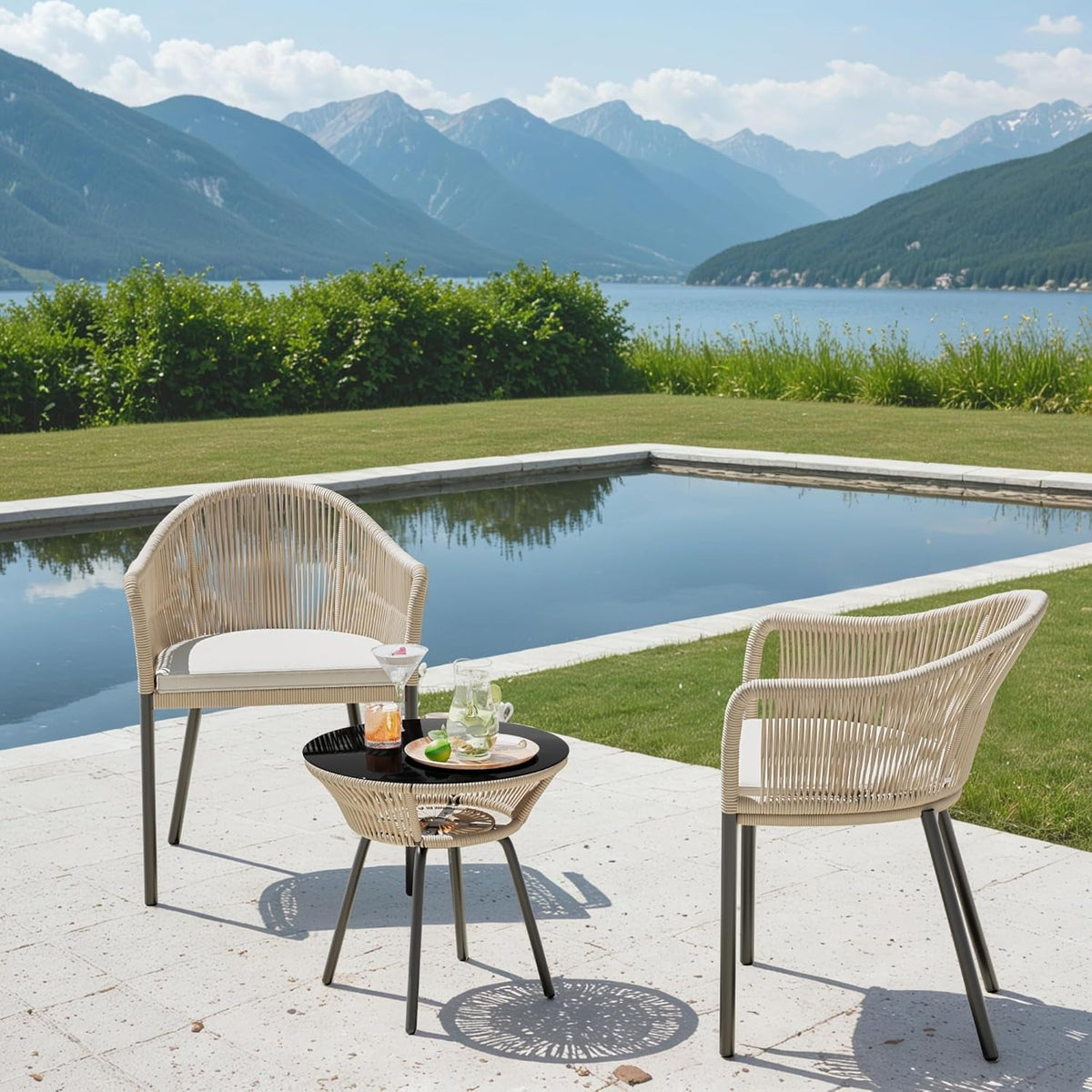 Patio Bistro Set 3 Piece Rope Woven With Glass Table