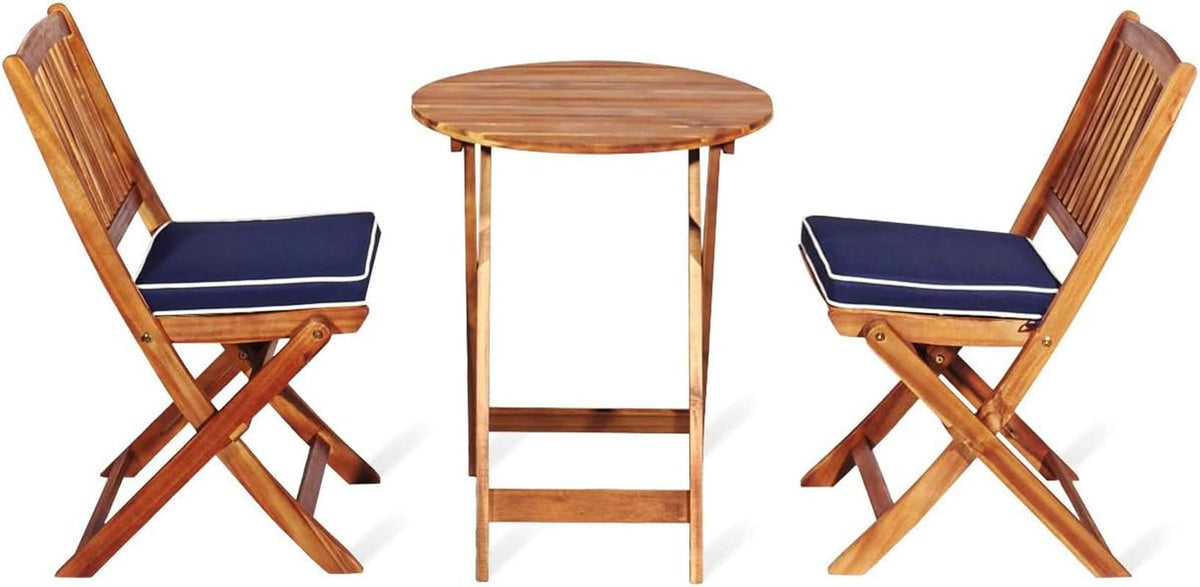 Patio Bistro Set With Wood Table And Navy Cushioned Chairs