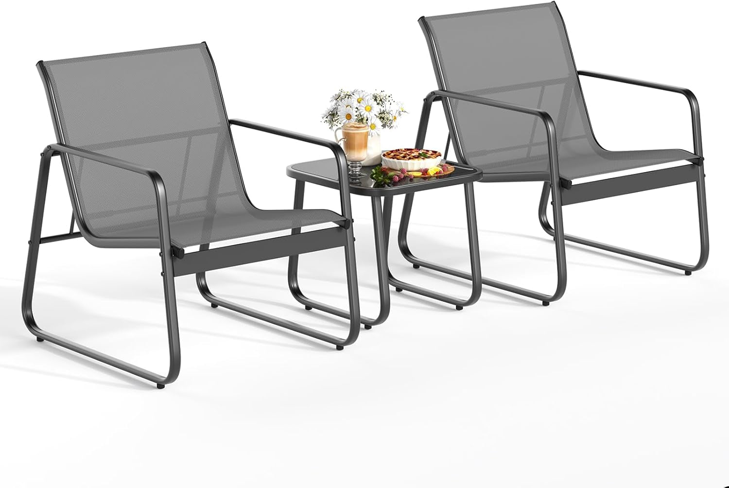 Patio Chairs and Coffee Table Set of 3 Grey Textilene Fabric Metal Frame