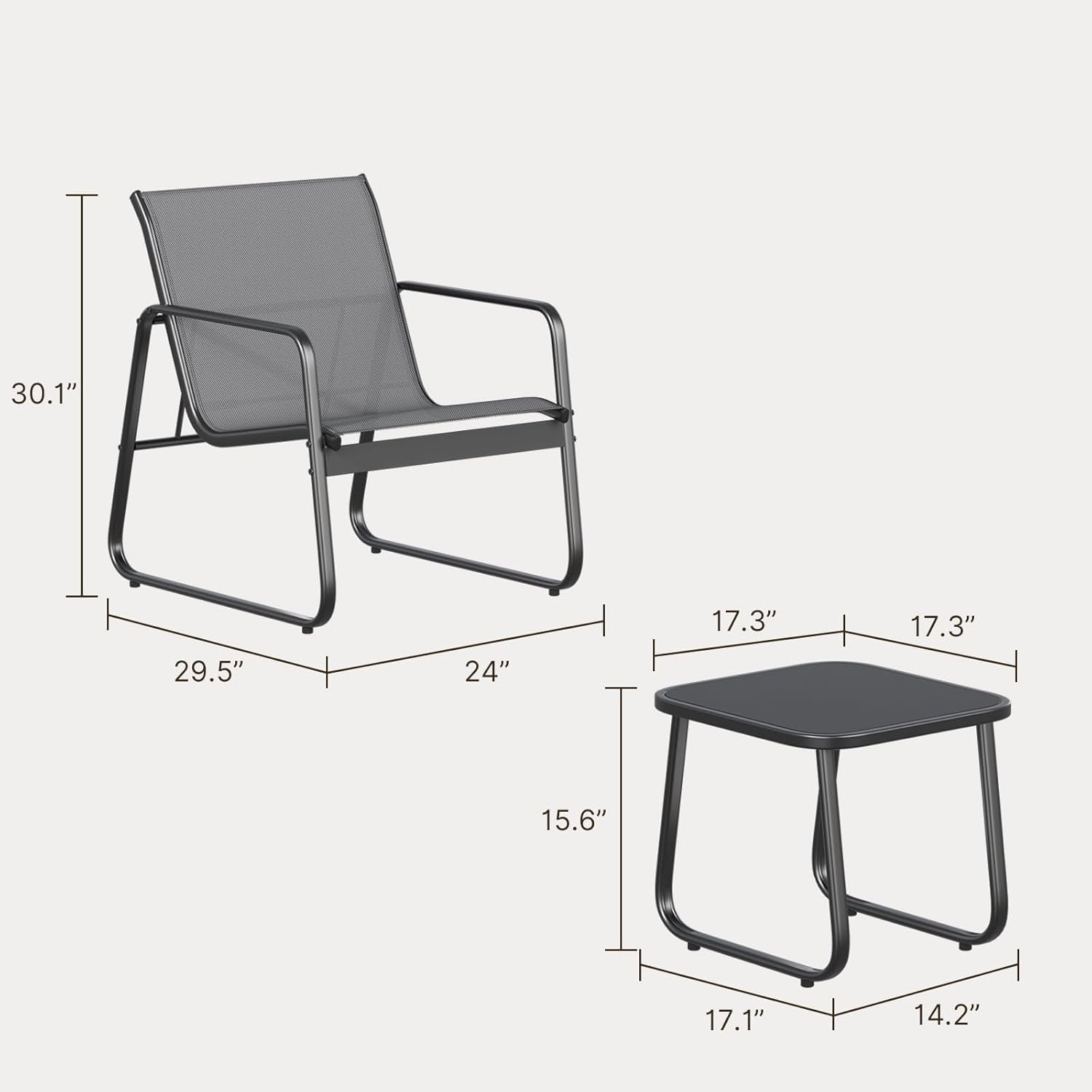 Patio Chairs and Coffee Table Set of 3 Grey Textilene Fabric Metal Frame