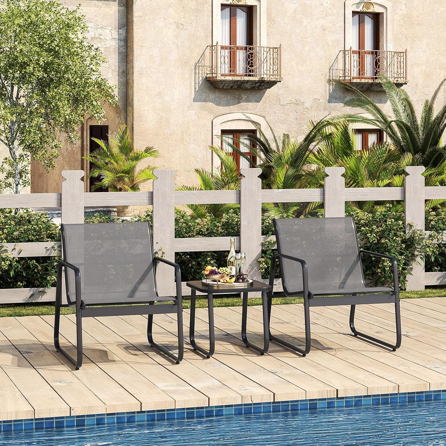 Patio Chairs and Coffee Table Set of 3 Grey Textilene Fabric Metal Frame