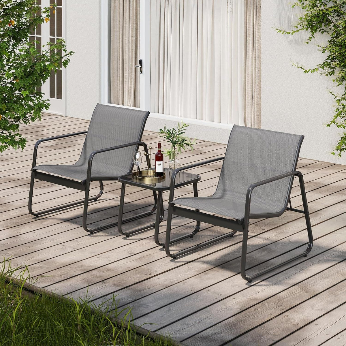 Patio Chairs and Coffee Table Set of 3 Grey Textilene Fabric Metal Frame