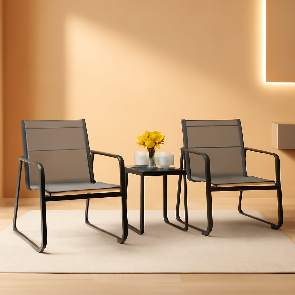 Patio Chairs and Coffee Table Set of 3 Grey Textilene Fabric Metal Frame