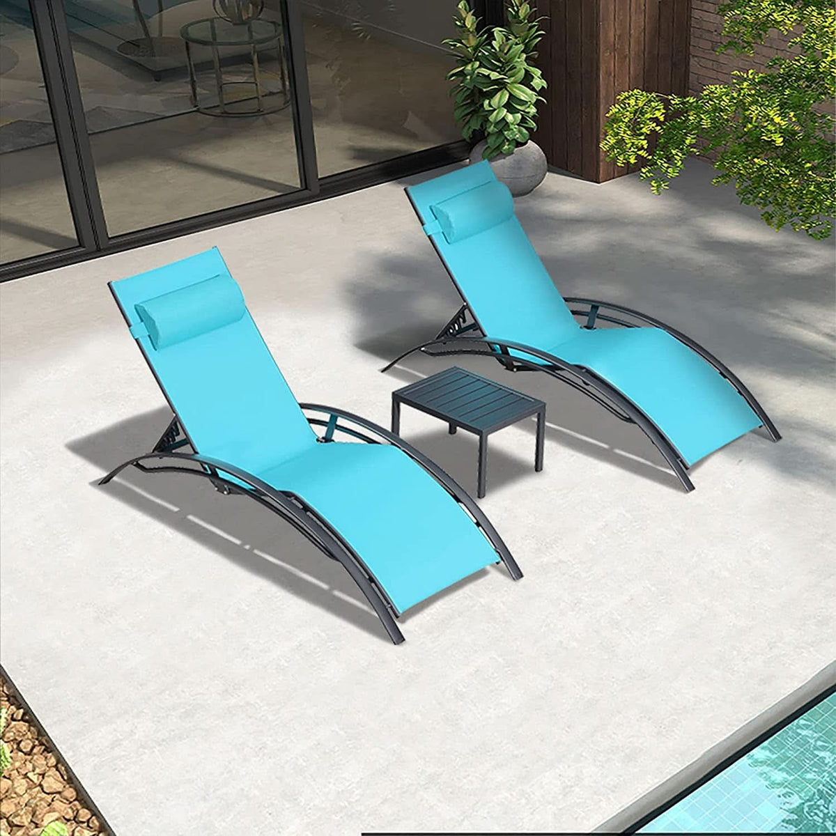 Patio Chaise Lounge Set With 4 Adjustable Recliners And 2 Side Tables