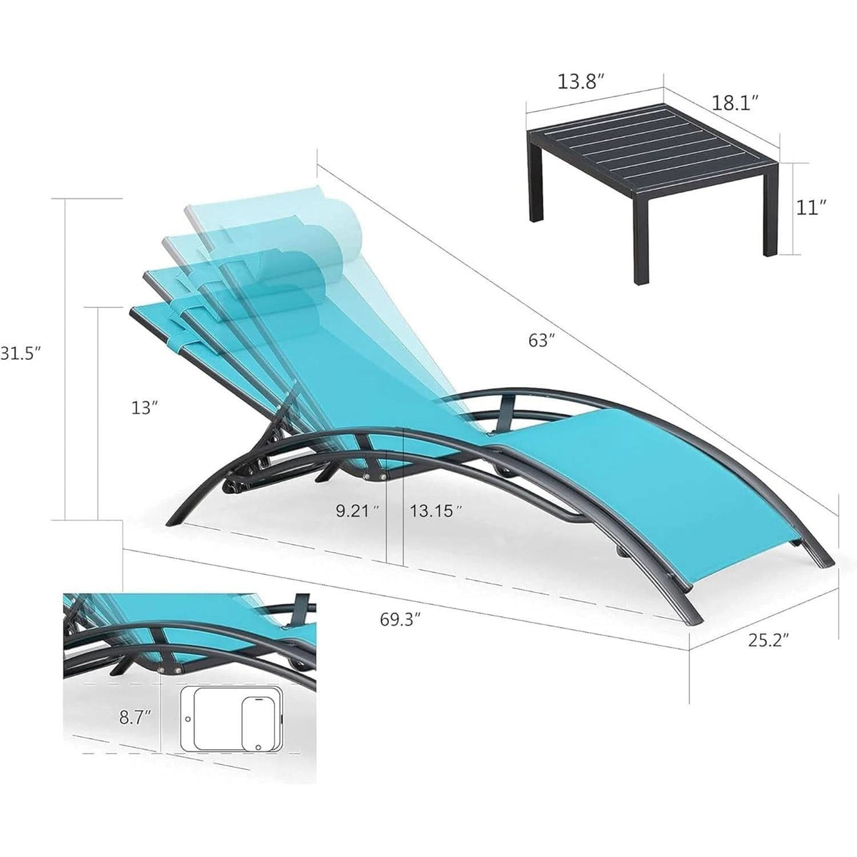 Patio Chaise Lounge Set With 4 Adjustable Recliners And 2 Side Tables