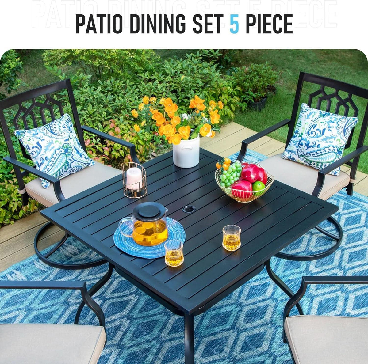 Patio Dining Set 5 Pieces With 37 Inch Table And Cushioned Swivel Chairs