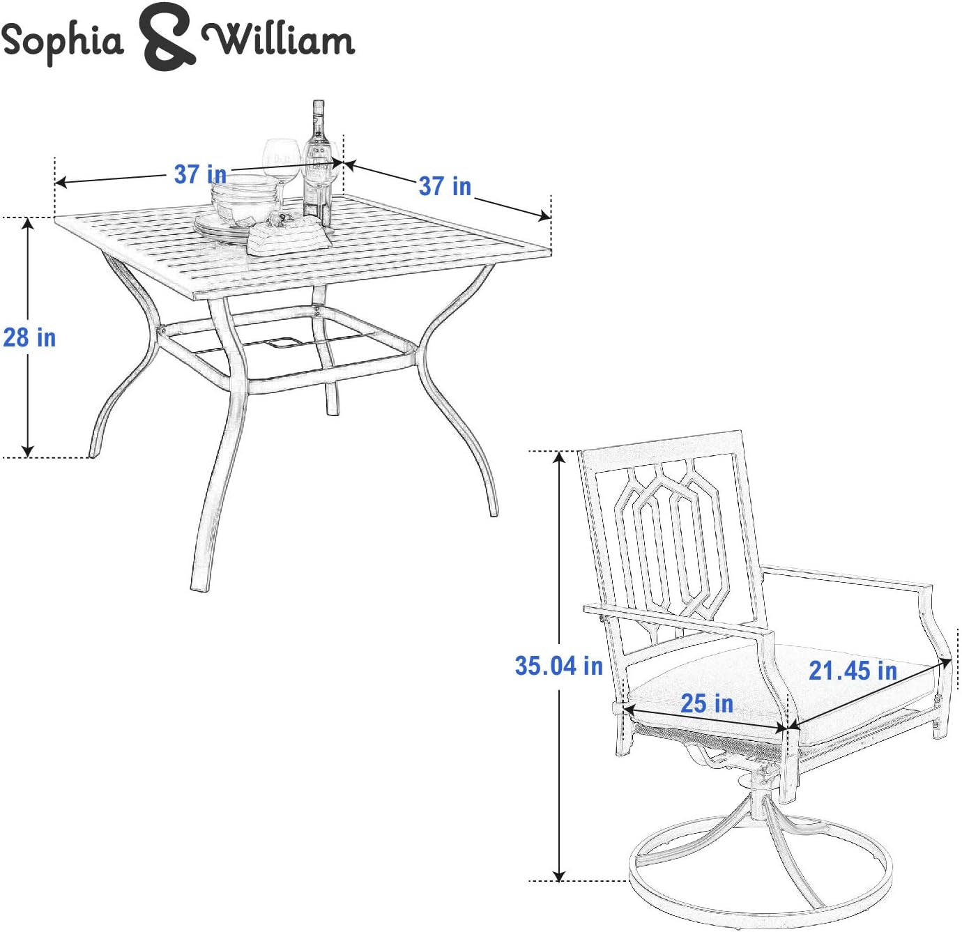 Patio Dining Set 5 Pieces With 37 Inch Table And Cushioned Swivel Chairs