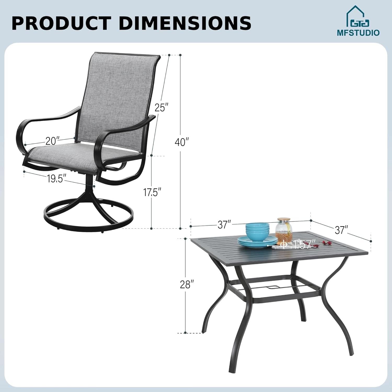 Patio Dining Set For 4 All Weather Furniture With Grey Sling Swivel Chairs