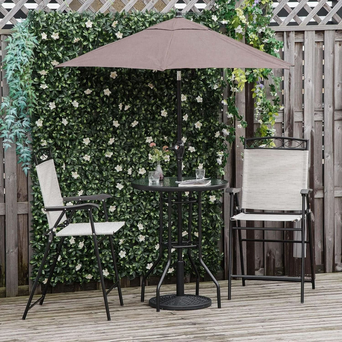 Patio Dining Set With 2 Folding Chairs Beige Umbrella