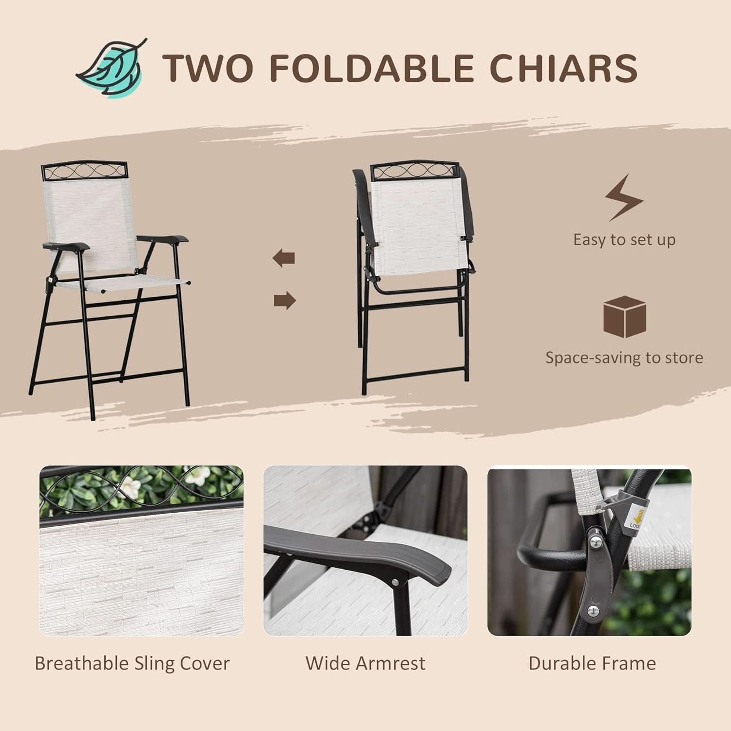 Patio Dining Set With 2 Folding Chairs Beige Umbrella