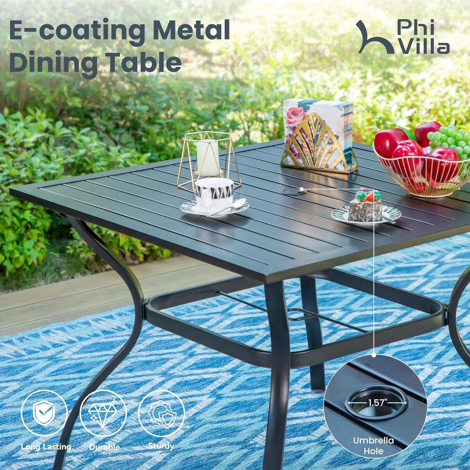 Patio Dining Set for 4 With Navy Umbrella and Padded Chairs