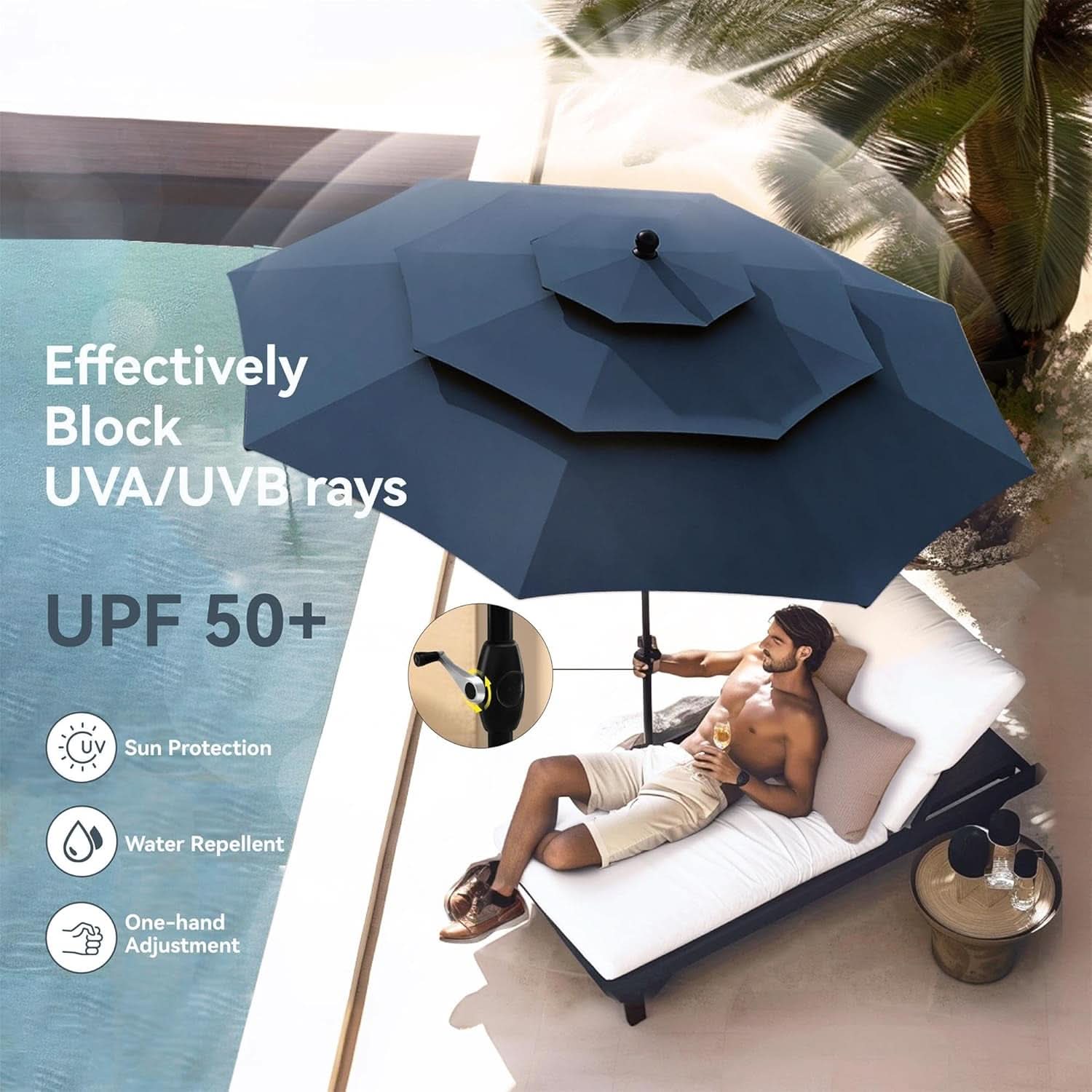 Patio Dining Set for 4 With Navy Umbrella and Padded Chairs