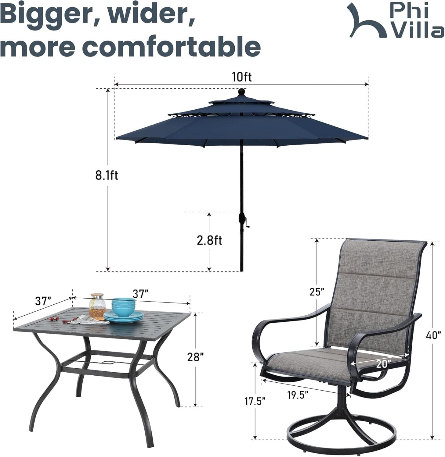 Patio Dining Set for 4 With Navy Umbrella and Padded Chairs