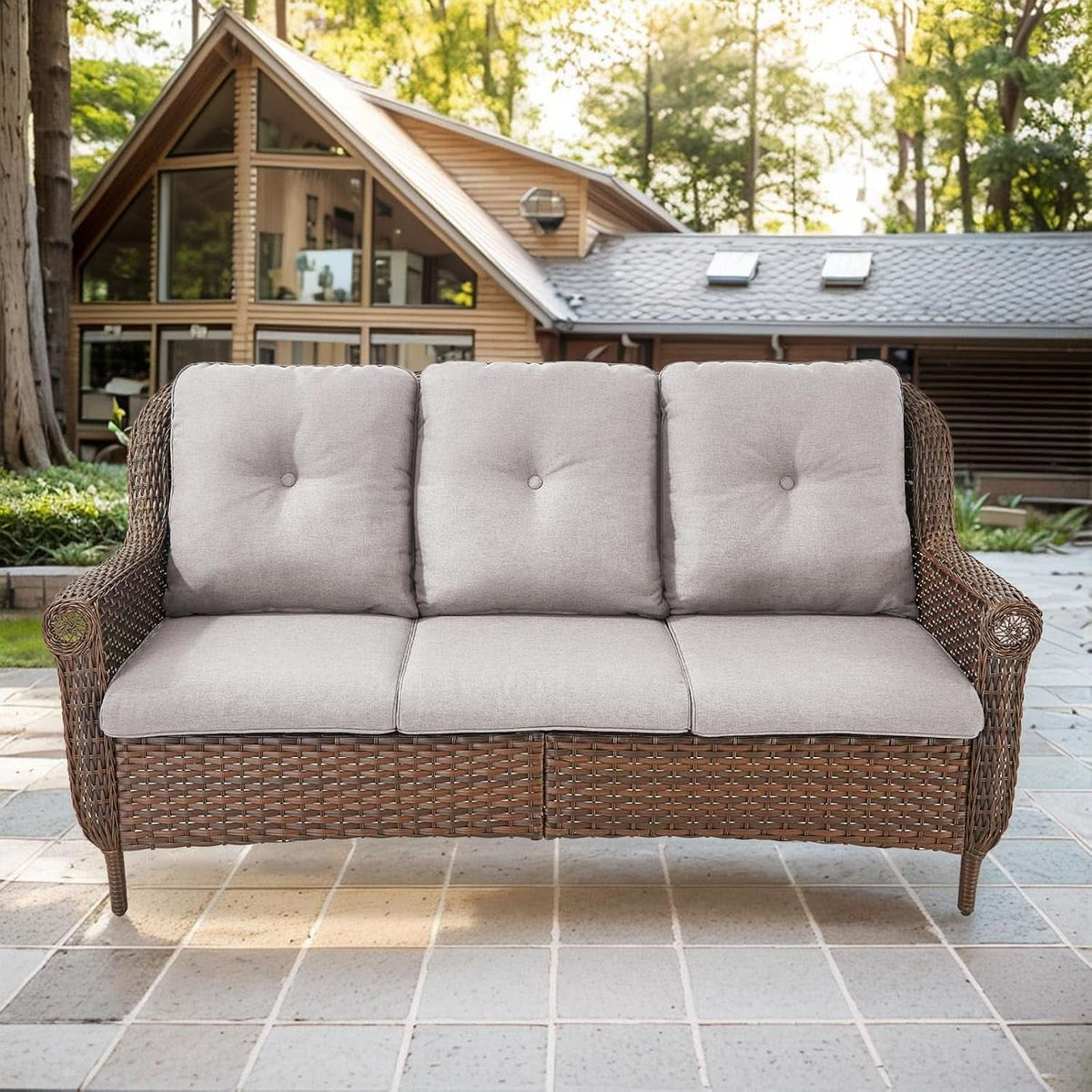 Patio Furniture 3-Piece Wicker Set With Beige Cushions